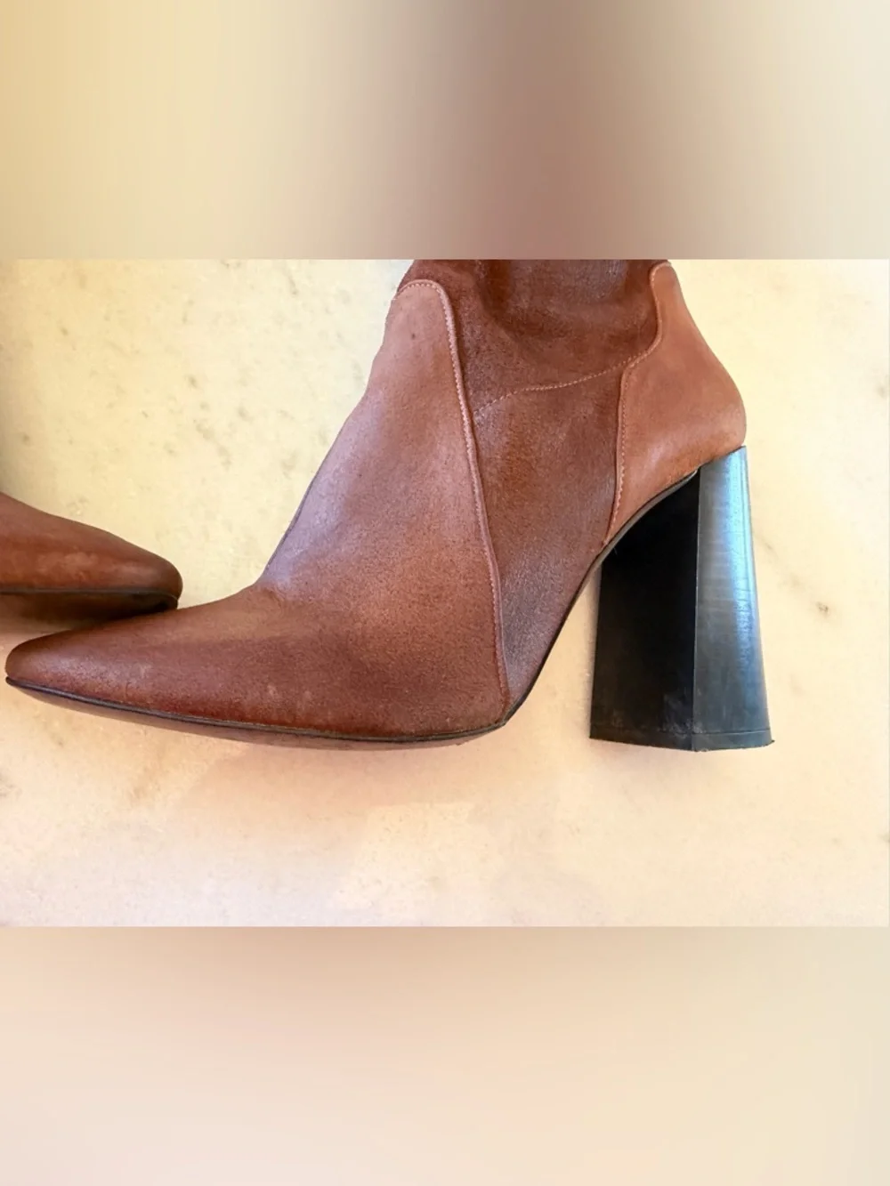 Brown Leather Ankle Boots Block Heel Pointed Toe Booties Chic Minimalist Style